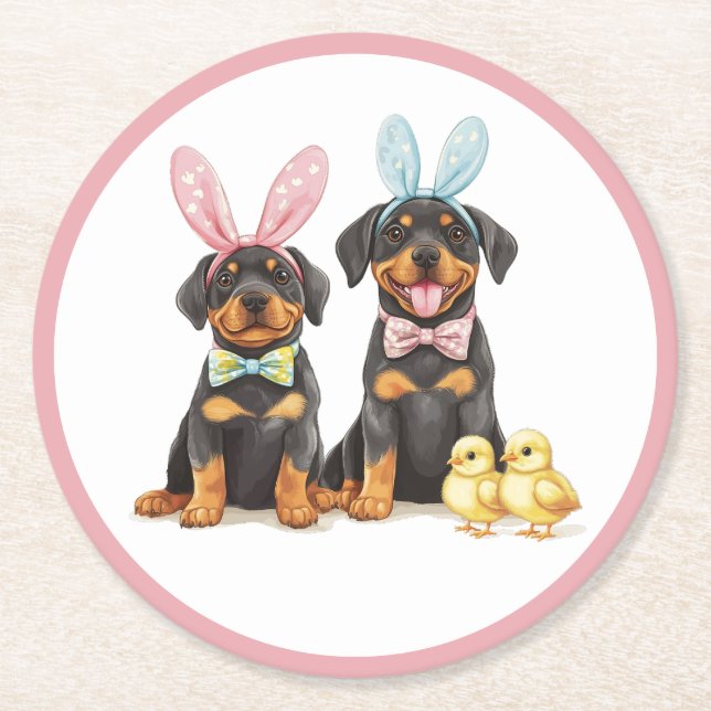 Easter Rottweiler Dogs Bunny Ears Round Paper Coaster (Front)