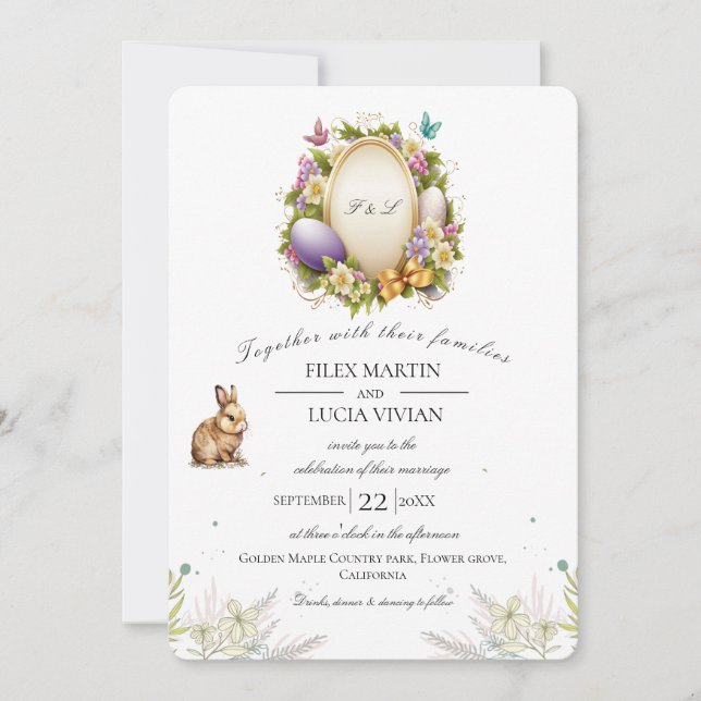 Easter Sample Mini Floral Rabbit and Egg Wedding   Invitation (Front)