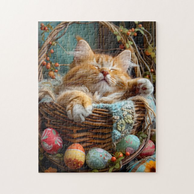 Easter Season Cute Cat Sleeping in Wicker Basket Jigsaw Puzzle (Vertical)