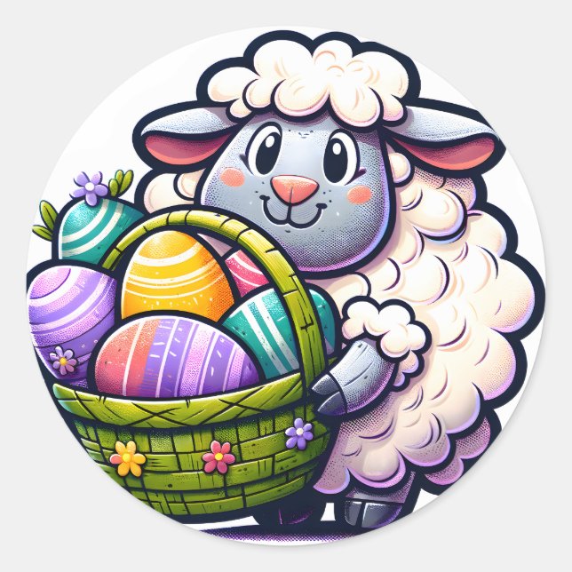 Easter Sheep with Eggs Sticker: A Fun and Colourfu Classic Round Sticker (Front)