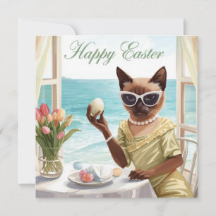 Easter Siamese cat with eggs in house by seaside Holiday Card