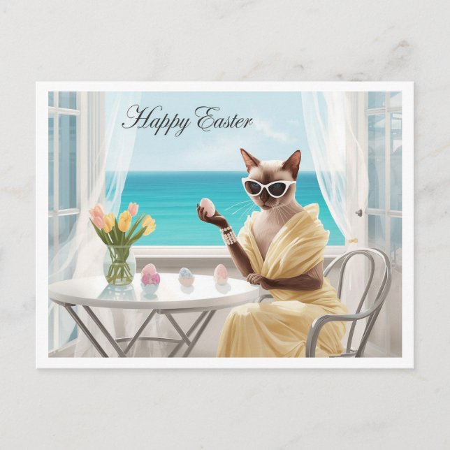 Easter Siamese cat with eggs in house by seaside Holiday Postcard (Front)