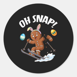 Easter skiing gingerbread man snap broken arm pun classic round sticker