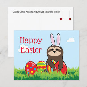 Easter Sloth w Bunny Ears & Eggs Happy Easter Holiday Postcard