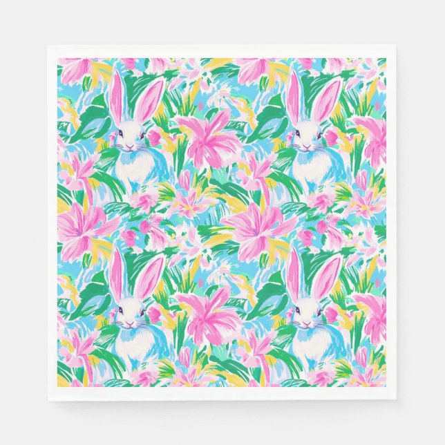 Easter Spring Bunnies Flowers Preppy Napkin (Front)