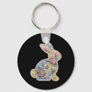 Easter Spring Bunny Floral Beaded Vintage Pearl Pa Key Ring