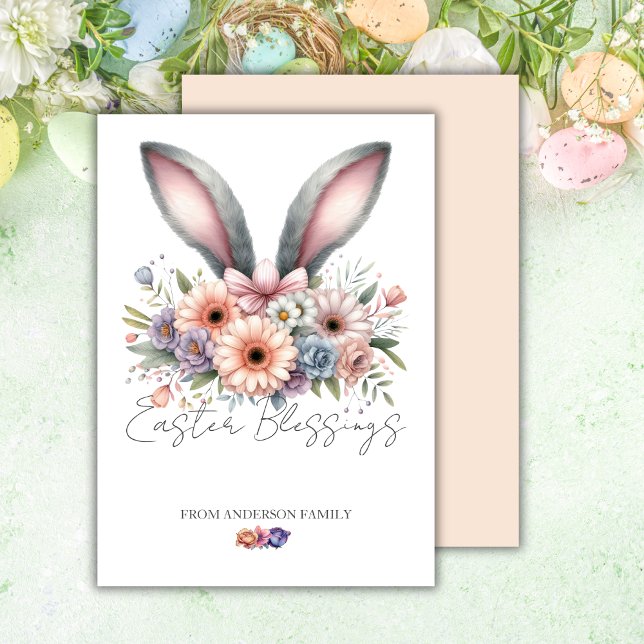 Easter Spring Floral Bunny Rabbit Ears Family Name Holiday Card (Creator Uploaded)