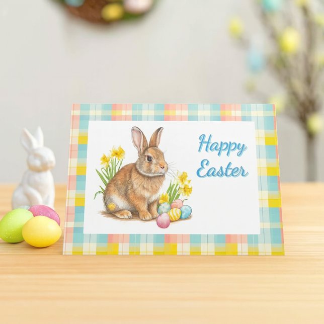 Easter Spring Plaid  Holiday Card (cheerful spring plaid Easter card with bunny rabbit and inside message. )