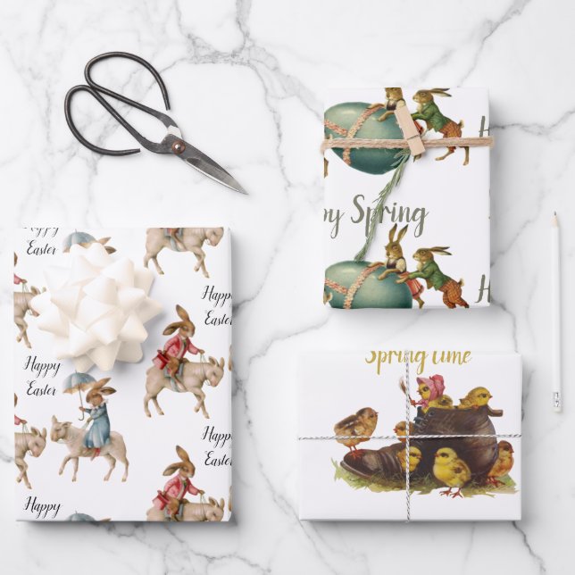 Easter Spring Wrapping Paper Flat Sheet Set of 3 (Front)