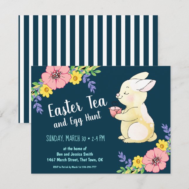 Easter Tea and Egg Hunt Spring Bunny Navy Invitation (Front/Back)