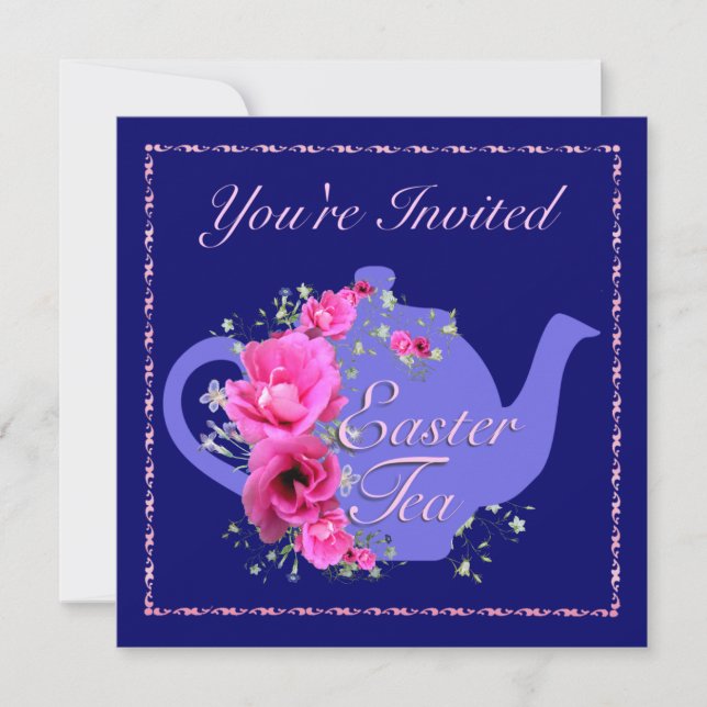 Easter Tea Invitations Teapot and Pink Flowers (Front)