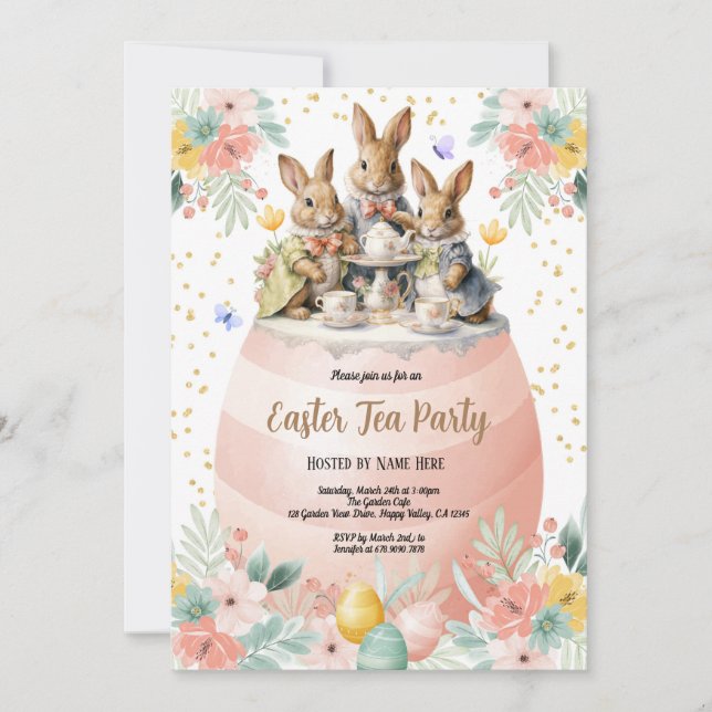 Easter Tea Party Invitation. Watercolor Bunny Pink Invitation (Front)