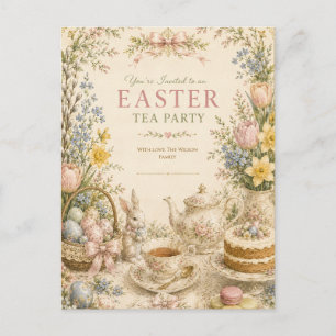 Easter Tea Party , Vintage Floral Celebration Postcard