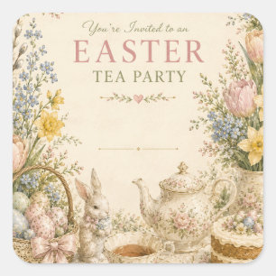 Easter Tea Party , Vintage Floral Celebration Square Sticker