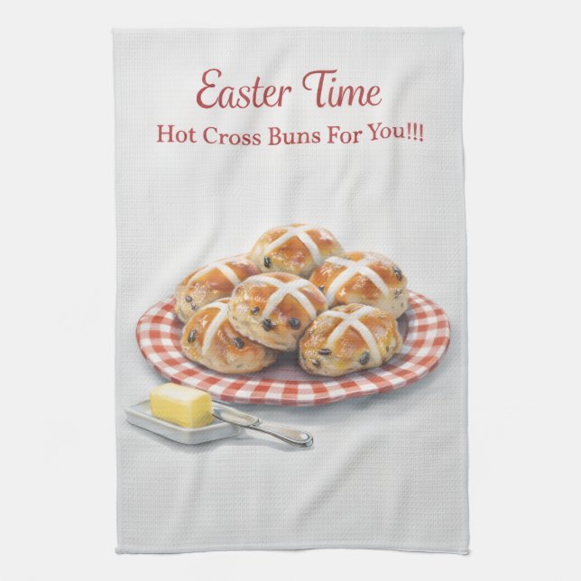 Easter Tea Towel | Hot Cross Buns Kitchen Decor (Vertical)
