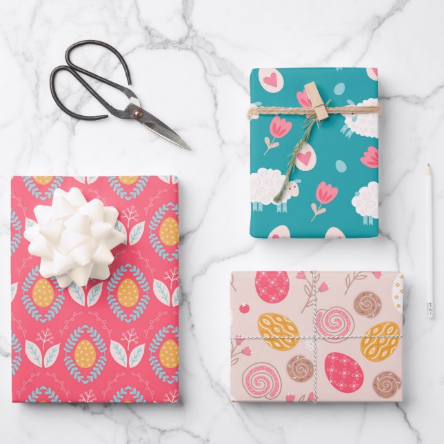 Easter Themed Pattern Sheep Eggs And Flowers Wrapping Paper Sheet (Front)