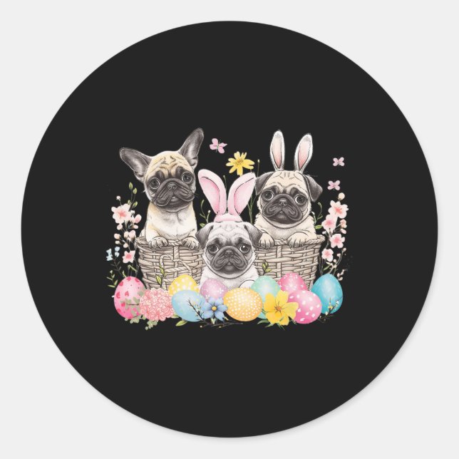 Easter Three Pug Cute Easter Bunny Ears Art  Classic Round Sticker (Front)