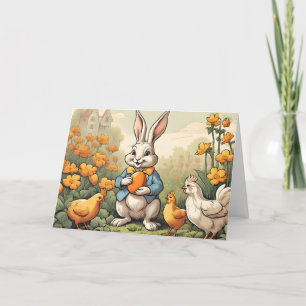Easter Time Bunny, Chicken Vintage Illustration  Holiday Card