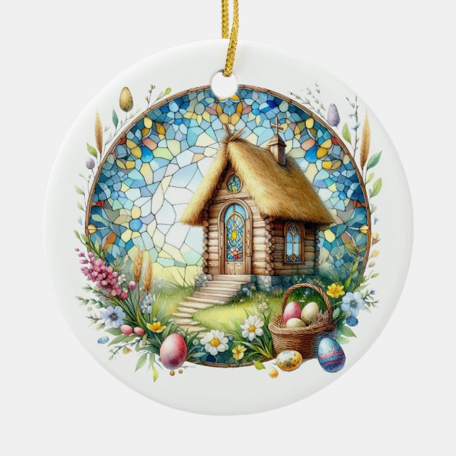 Easter Tiny Log Church Eggs Stained Glass Flowers Ceramic Tree Decoration (Front)