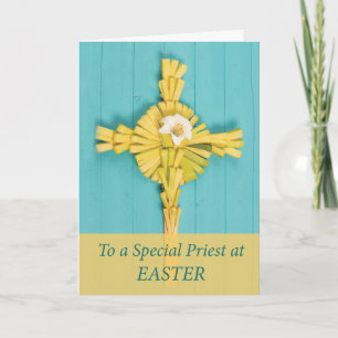 Easter to Priest Palm Cross with Lily on Teal Holiday Card