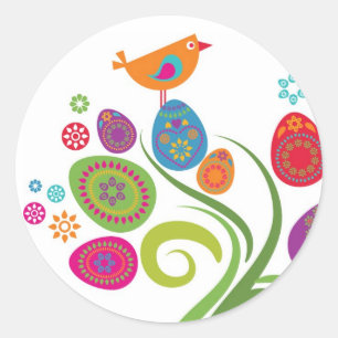 Easter tree with coloured eggs and flowers classic round sticker