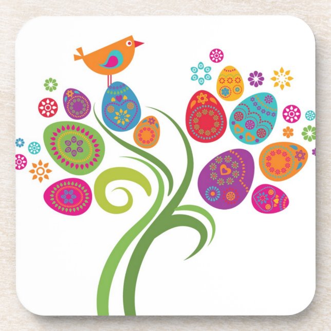 Easter tree with coloured eggs and flowers coaster (Front)
