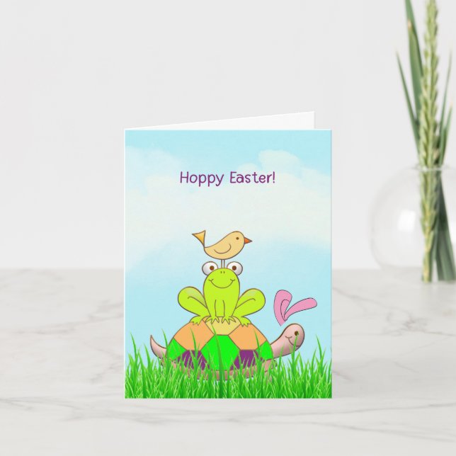 Easter Turtle and Frog and Bird in Grass Card (Front)
