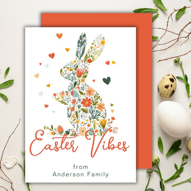 Easter Vibes Floral Silhouette Bunny Family Holiday Card (Creator Uploaded)