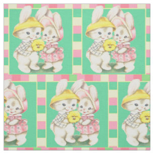 Easter Vintage Bunnies Rabbits Plaid Trim 4.5" Fabric