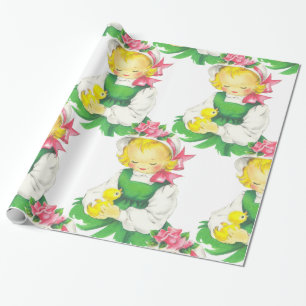 Easter Vintage Girl with Easter Chick Large Print Wrapping Paper