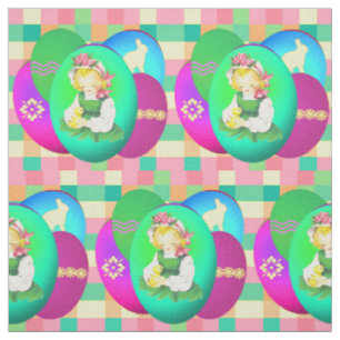 Easter Vintage Girl With Easter Eggs On Plaid Fabric
