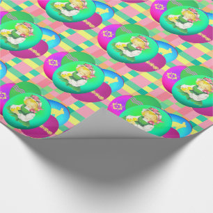Easter Vintage Girl with Easter Eggs On Plaid Wrapping Paper
