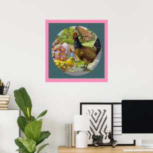 Easter Vintage Hen and Chicks Textured Poster
