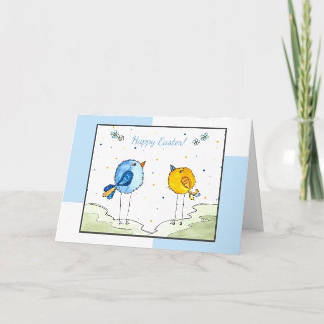 Easter Watercolor 2 Whimsical Birds Card (Front)