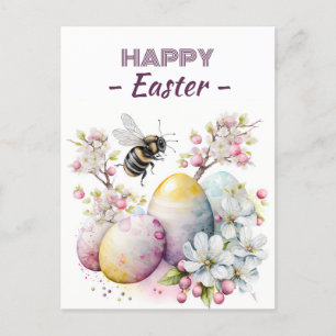 Easter Watercolor Bee Eggs and Flowers -   Postcard