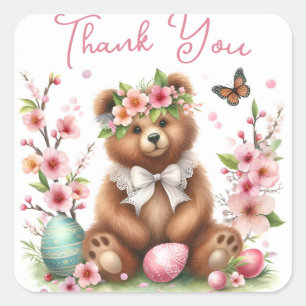Easter Watercolor Brown Bear Eggs and Flowers - Square Sticker
