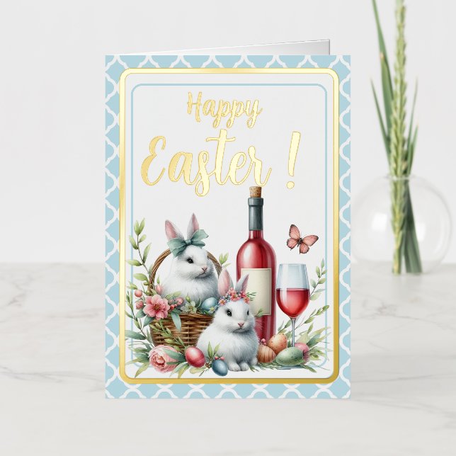 Easter Watercolor Bunnies, Eggs & Wine  Foil Greeting Card (Front)