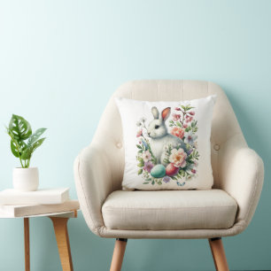 Easter Watercolor Bunny, Eggs & Flowers Cushion