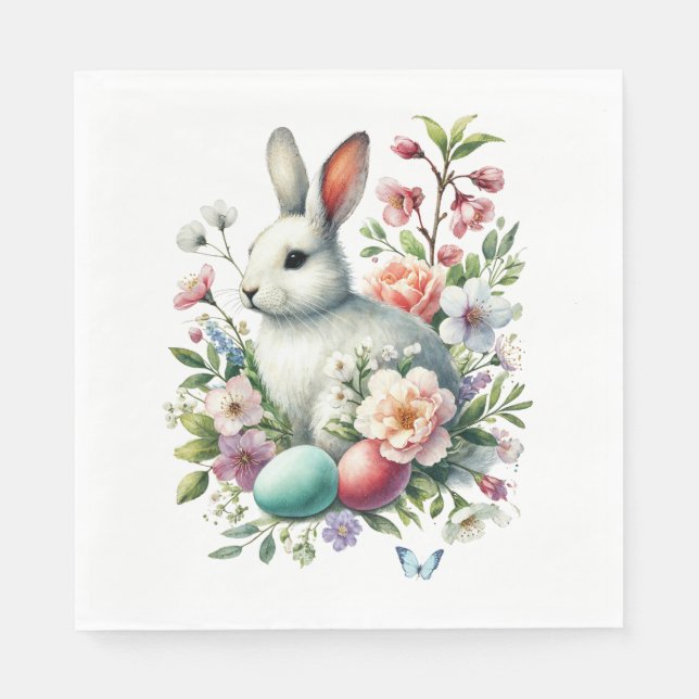 Easter Watercolor Bunny, Eggs & Flowers Napkin (Front)