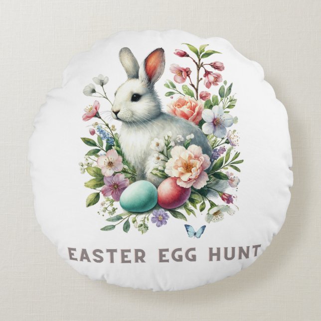 Easter Watercolor Bunny & Flowers Round Cushion (Front)