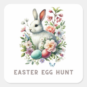 Easter Watercolor Bunny & Flowers Square Sticker