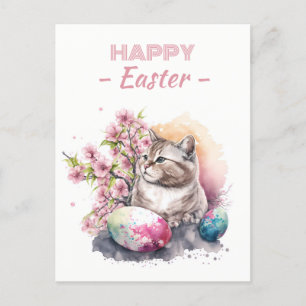 Easter Watercolor Cat Eggs & Cherry Blossoms -   Postcard