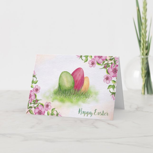 Easter - Watercolor Flowers & Eggs Holiday Card (Front)