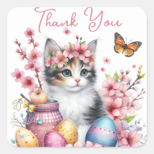 Easter Watercolor Kitten Eggs and Flowers -   Square Sticker