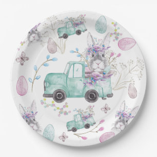 Easter Watercolor Pattern Bunny Truck Paper Plate