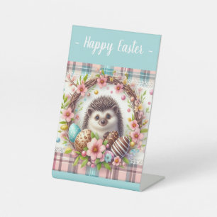 Easter Watercolor Plaid Baby Hedgehog Pedestal Sign