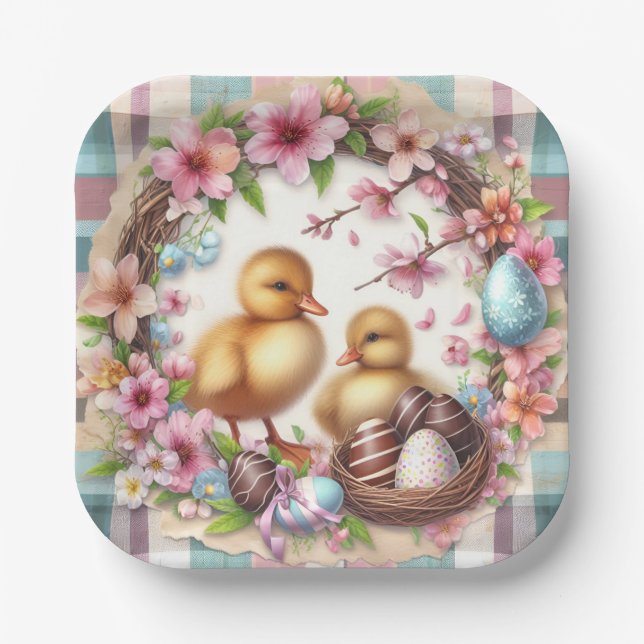 Easter Watercolor Plaid Two Ducklings Paper Plate (Front)