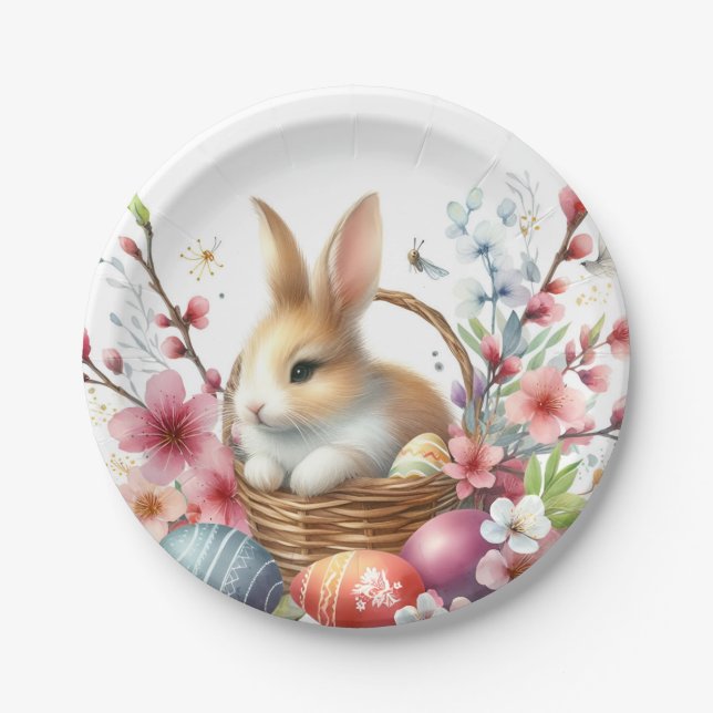 Easter Watercolor Rabbit Eggs and Flowers -   Paper Plate (Front)