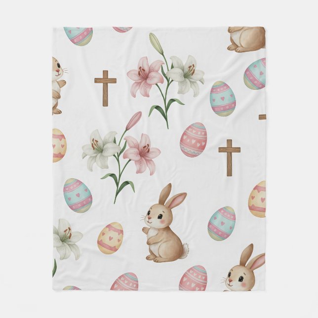 Easter Whimsy – Seamless Bunny & Lily Pattern Fleece Blanket (Front)
