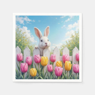 Easter White Bunny In a Tulip Garden Napkin